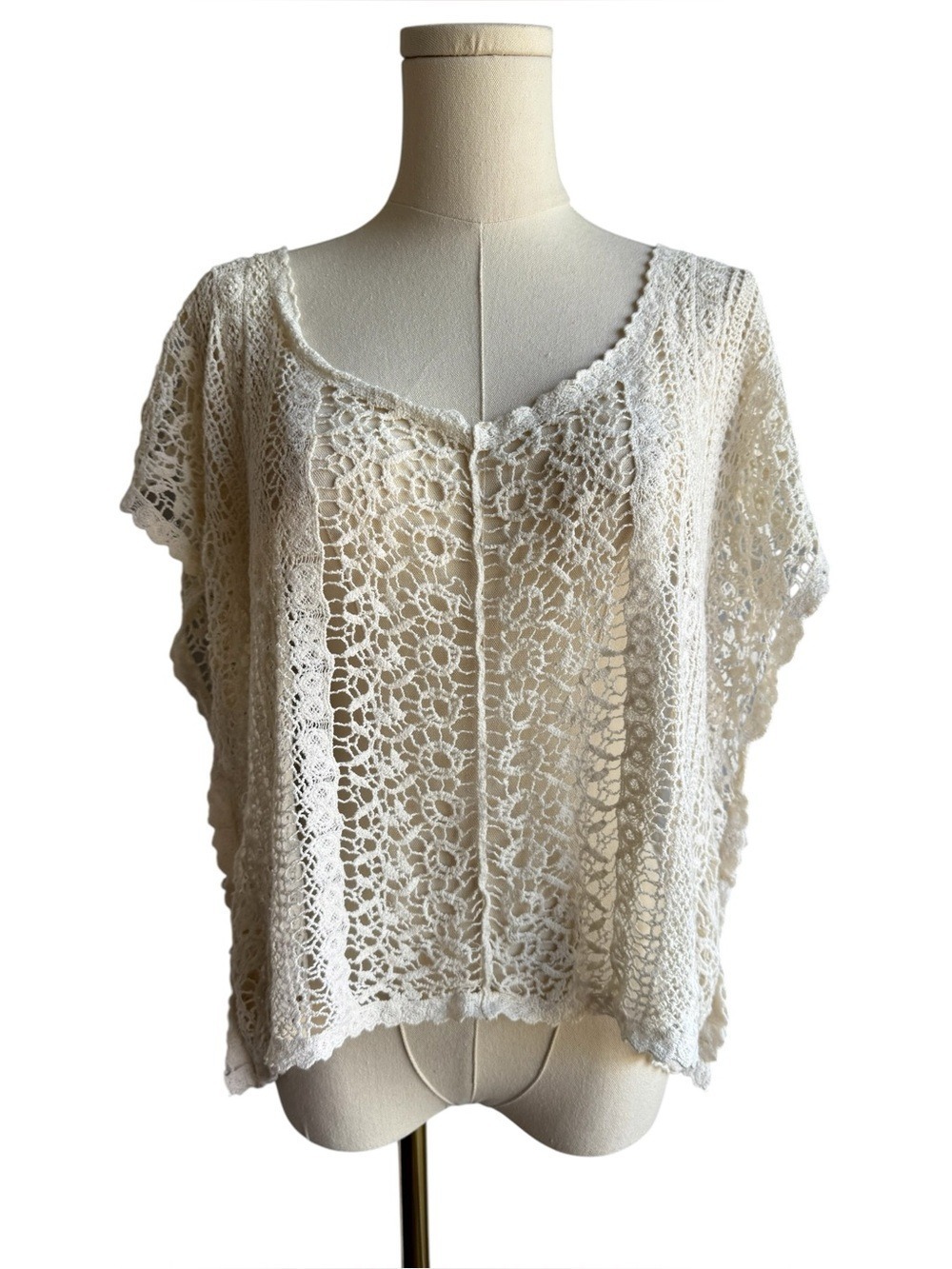 Temperance Open Knit Cotton Sweater Sz M Crochet Poncho Boxy Top Boho Romantic